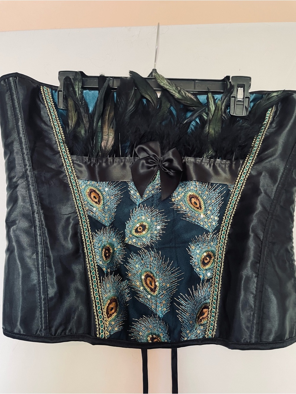Black Peacock Feather Embroidered Satin Corset Top